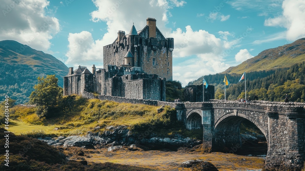 Obraz premium Stunning view of an ancient castle surrounded by mountains and vibrant fall colors in the highlands of Scotland