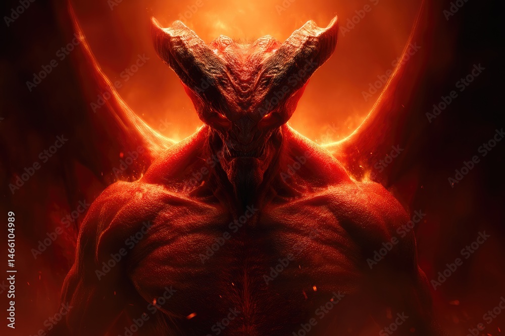Fierce demonic figure shrouded in fiery glow.