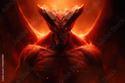 Fierce demonic figure shrouded in fiery glow.