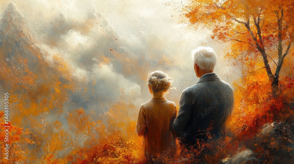 Obraz premium Elderly couple admires autumn mountain vista