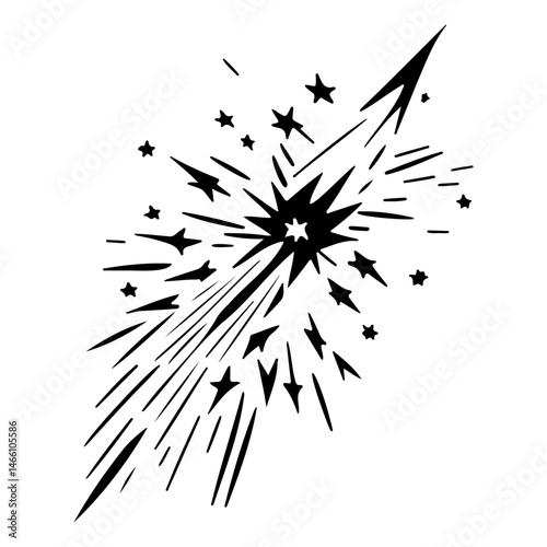 Abstract celestial burst composition with graphic stars and linear trails
