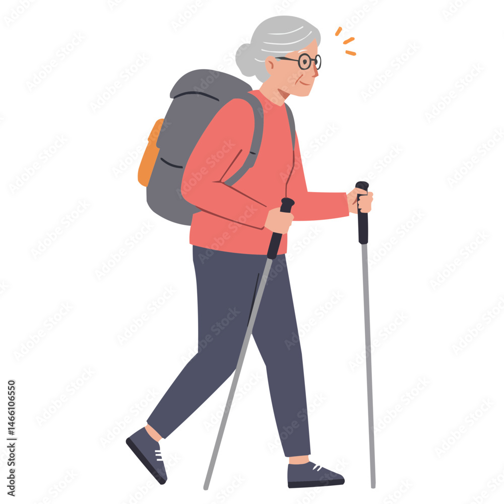Active elderly woman hiking - vibrant senior woman walking mountain trail, enjoying nature and sunshine, showcasing active aging and vitality. Active elderly woman hiking - vibrant senior woman walking mountain trail, enjoying nature and sunshine, showcasing active aging and vitality.