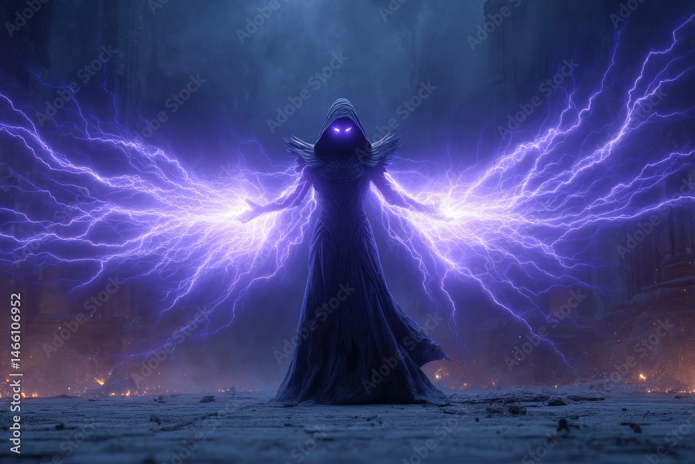 Mysterious figure shrouded in dark robes, emitting violet energy.