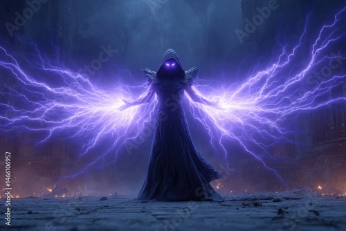 Obraz na płótnie Mysterious figure shrouded in dark robes, emitting violet energy. w salonie