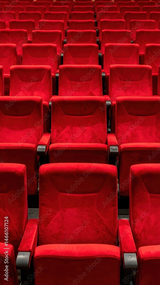 Obraz premium Rows of empty red theater seats arranged in a symmetrical pattern, conveying a sense of anticipation and readiness for an event