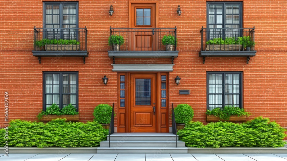 Obraz premium Charming red brick apartment facade with green potted plants on the balconies and main door for stylish urban living design