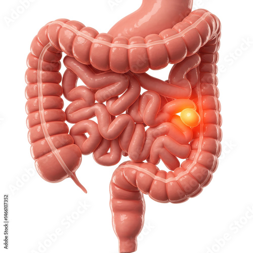 3D Rendered Human Digestive System Anatomy Highlighting Inflammation In The Lower Intestine photo