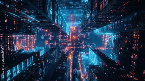 Stunning aerial view of illuminated skyscrapers and bustling city streets at night