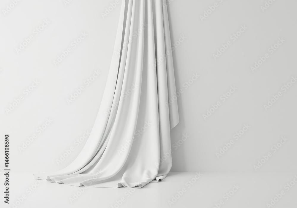 White fabric draped against a white wall creates a minimalist and elegant backdrop, showcasing soft folds and shadows White fabric draped against a white wall creates a minimalist and elegant backdrop, showcasing soft folds and shadows