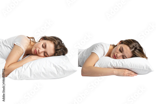  A young woman sleeping on a pillow, isolated on a transparent background
