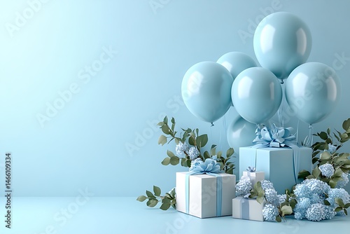 Pastel blue balloons gifts flowers decoration holiday celebration background render
