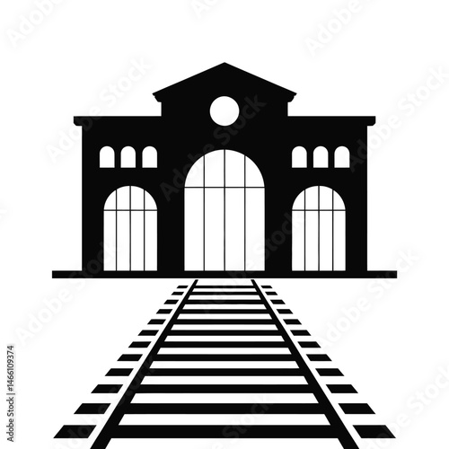Classic Train Station Silhouette with Railroad Tracks Leading In