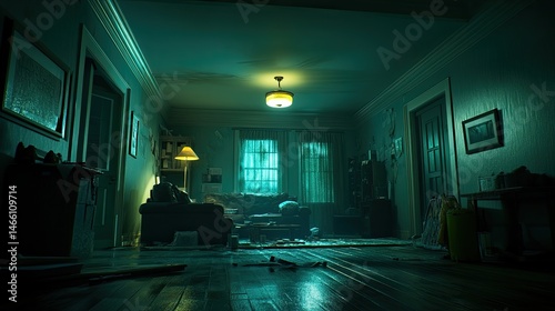 Dimly lit, cluttered living room