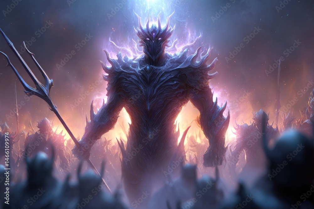 A colossal, imposing figure dominates a sea of shadowed figures.