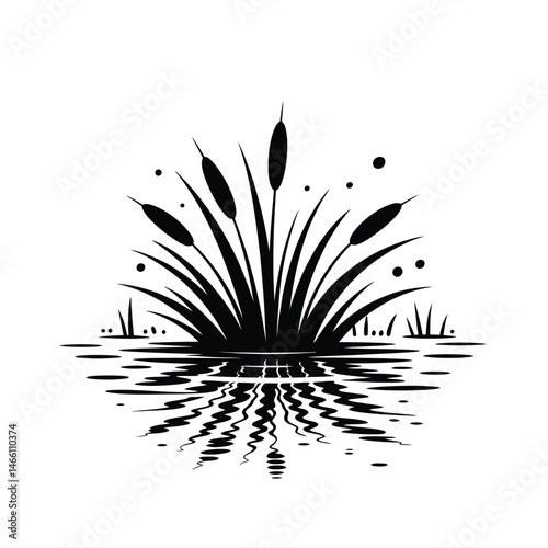 Silhouette of Cattails Reflecting in Calm Water