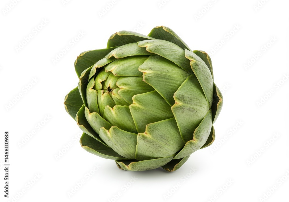 Fototapeta premium Close-up of a single, fresh artichoke with green leaves, isolated against a plain white background