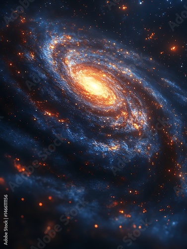 72. A beautiful illustration of a distant galaxy, its spiraling arms adorned with countless stars. The vibrant colors of interstellar dust clouds illuminate the scene, while the event horizon 