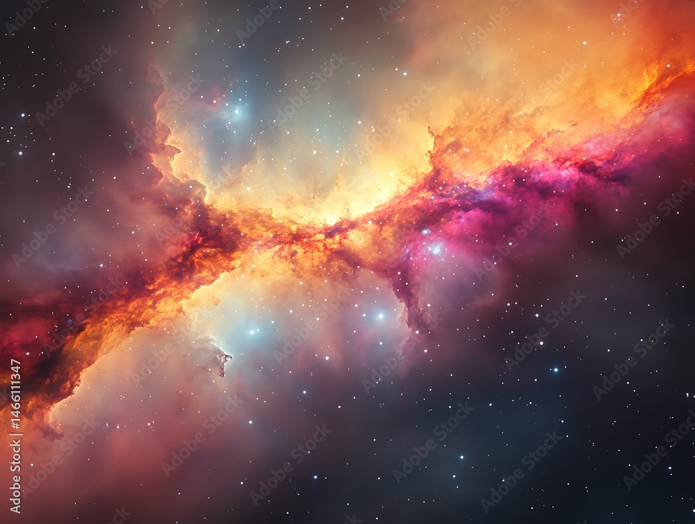Fototapeta premium 75. A serene cosmic landscape depicting a galaxy filled with shimmering stars and colorful interstellar clouds. The gentle curves of the galaxy’s arms create harmony, while the event horizon 