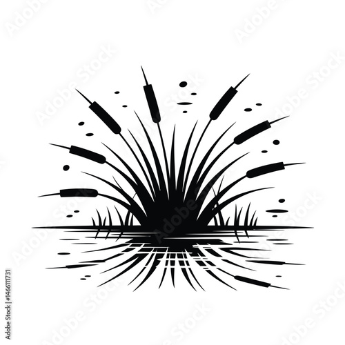 Black and White Silhouette of Cattails Reflecting in Water