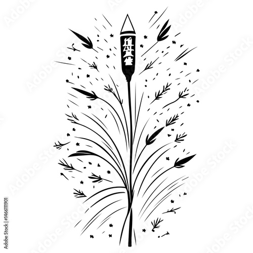 Stylized illustration of an ascending rocket amidst whimsical bursts and trails