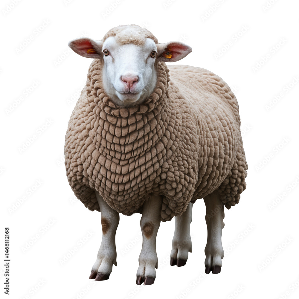 Fototapeta premium Curly-Coated Sheep Standing Upright on White Background