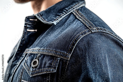 Close-up of a denim jacket's collar and pocket