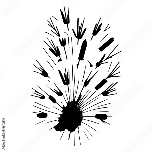 Abstract botanical illustration featuring a dandelion seed head dispersal graphic