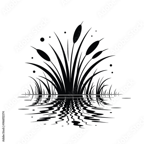 Black and White Silhouette of Cattails Reflecting in Water