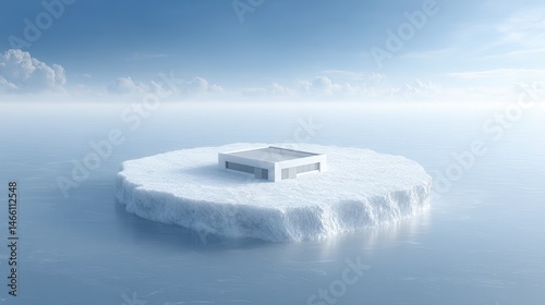 A modern building sits alone on a floating ice platform, surrounded by calm, icy water under a bright sky.