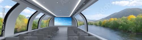 Modern glass-walled train car with theater seating, offering scenic river and mountain views through large windows.