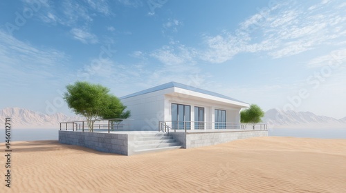 A modern white building stands alone in a desert landscape, surrounded by sand, trees, and distant mountains under a blue sky.