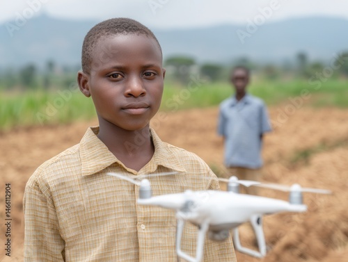 A young boy stands outdoors in a rural field, holding a white drone, with another person and hills in the background.