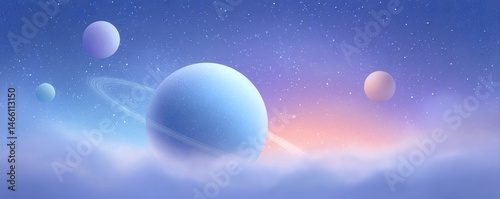 Dreamy planets float above pastel clouds in a surreal cosmic landscape with a starry sky.