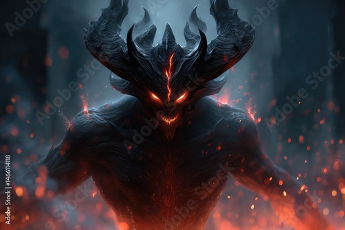 Obraz na płótnie Dark, formidable demon figure with fiery aura. w salonie
