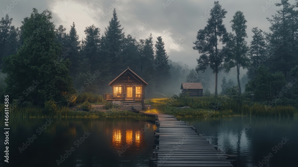 Fototapeta premium Picturesque lake with log cabins surrounded by mountains and autumn foliage in a serene setting