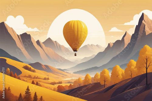 Yellow Hot Air Balloon Soaring Over Autumnal Mountain Landscape at Sunrise