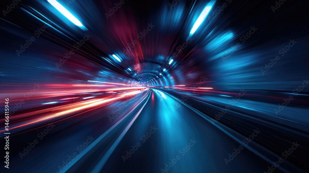 Dynamic tunnel vista of blurred city lights.