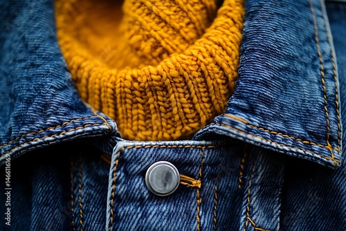 Close-up of denim jacket with mustard yellow turtleneck