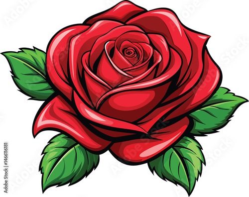 A beautiful red rose blossom, a symbol of love, isolated on a white background with a green leaf