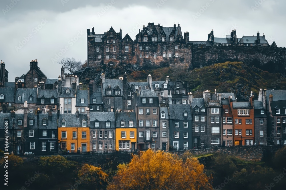 Naklejka premium Overcast day view of densely clustered historic houses on hillside