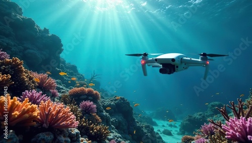 Futuristic underwater drone surveys coral reef , autonomous, circuitry, sea