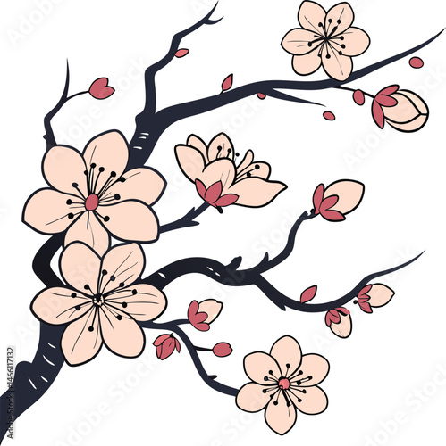 A pink cherry blossom branch showcases the beauty of spring with its floral design, a vector illustration of nature's delicate 