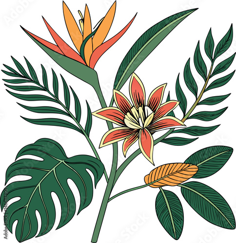A seamless vector design features a floral illustration of a flower set with leaves, embodying nature's spring blossom