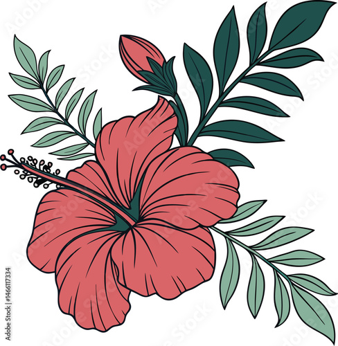 A vector illustration showcases a red and green floral blossom, a natural design element