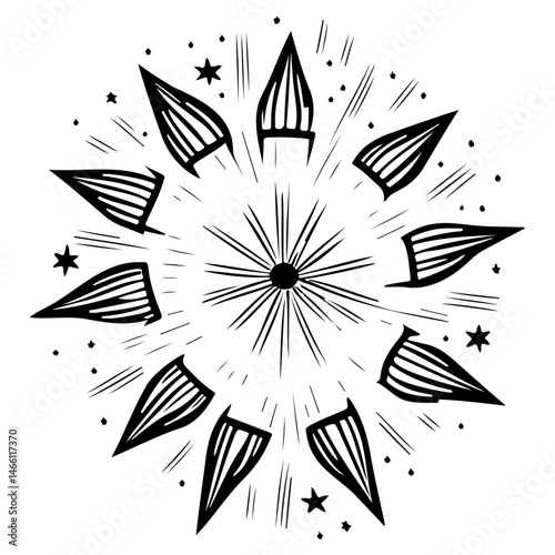Hand-Drawn Celestial Burst: Radial Star Design with Energetic Emanations