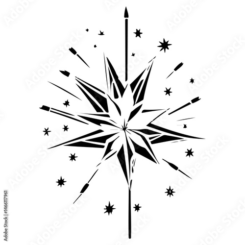 Abstract stylized starburst in monochrome with dynamic radiating lines and celestial specks