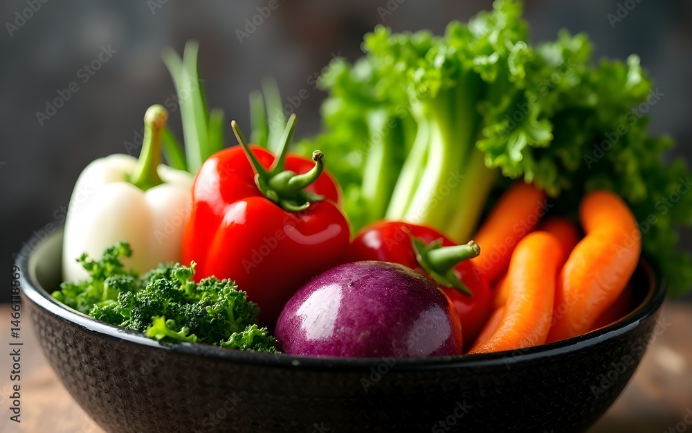 Fresh, vibrant vegetables arranged in a textured black bowl. High quality Fresh, vibrant vegetables arranged in a textured black bowl. High quality