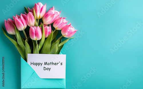 Flat lay of pink tulip bouquet arranged inside a turquoise envelope on matching turquoise background, Mother's Day greeting card concept.