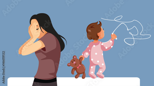 Mother Desperate Over Child Who Scribbles on Walls Vector Cartoon. Unruly child draws on the walls of his bedroom at home
