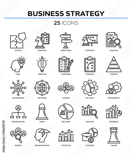 Business strategy icon collection set. Containing business, planning, strategy, strategic plan, brainstorming, analysis, statistics icon. Simple line vector.